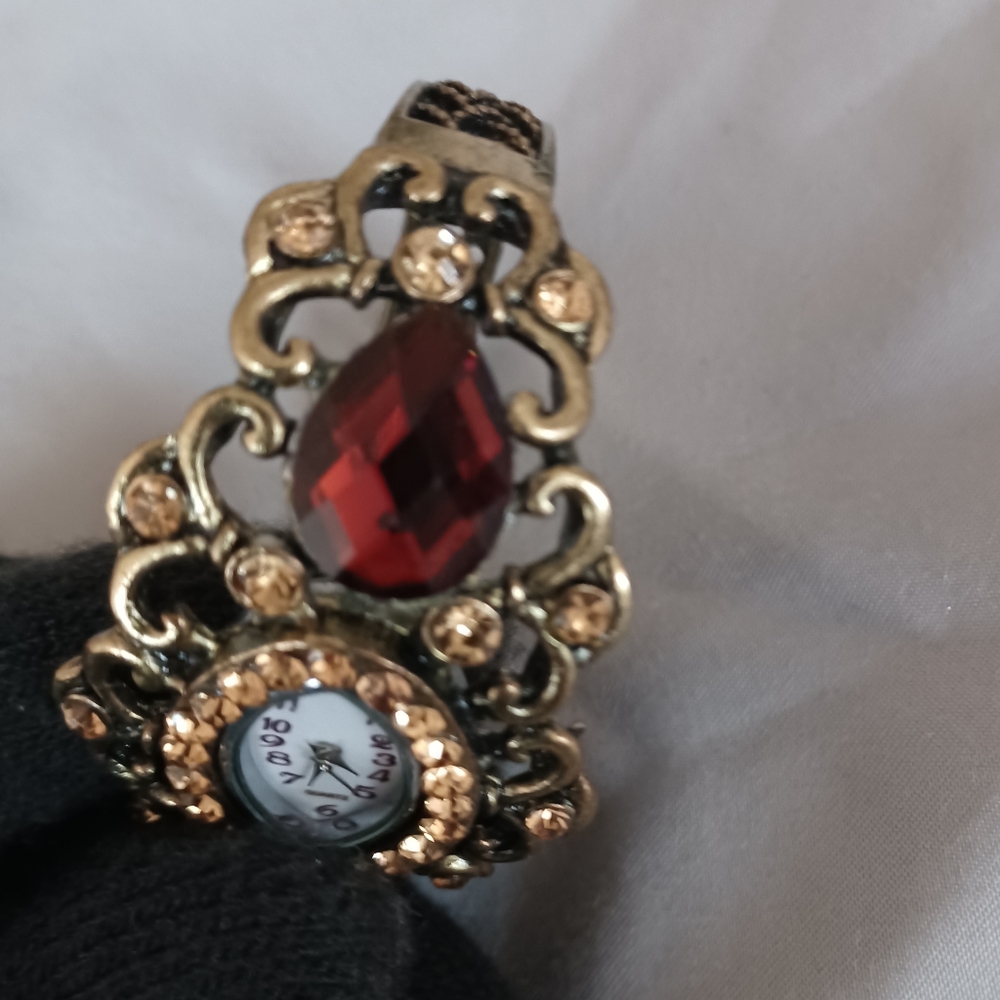 Victorian Era Type design brass colored bangle watch timepiece red brown stones - Picture 5 of 9